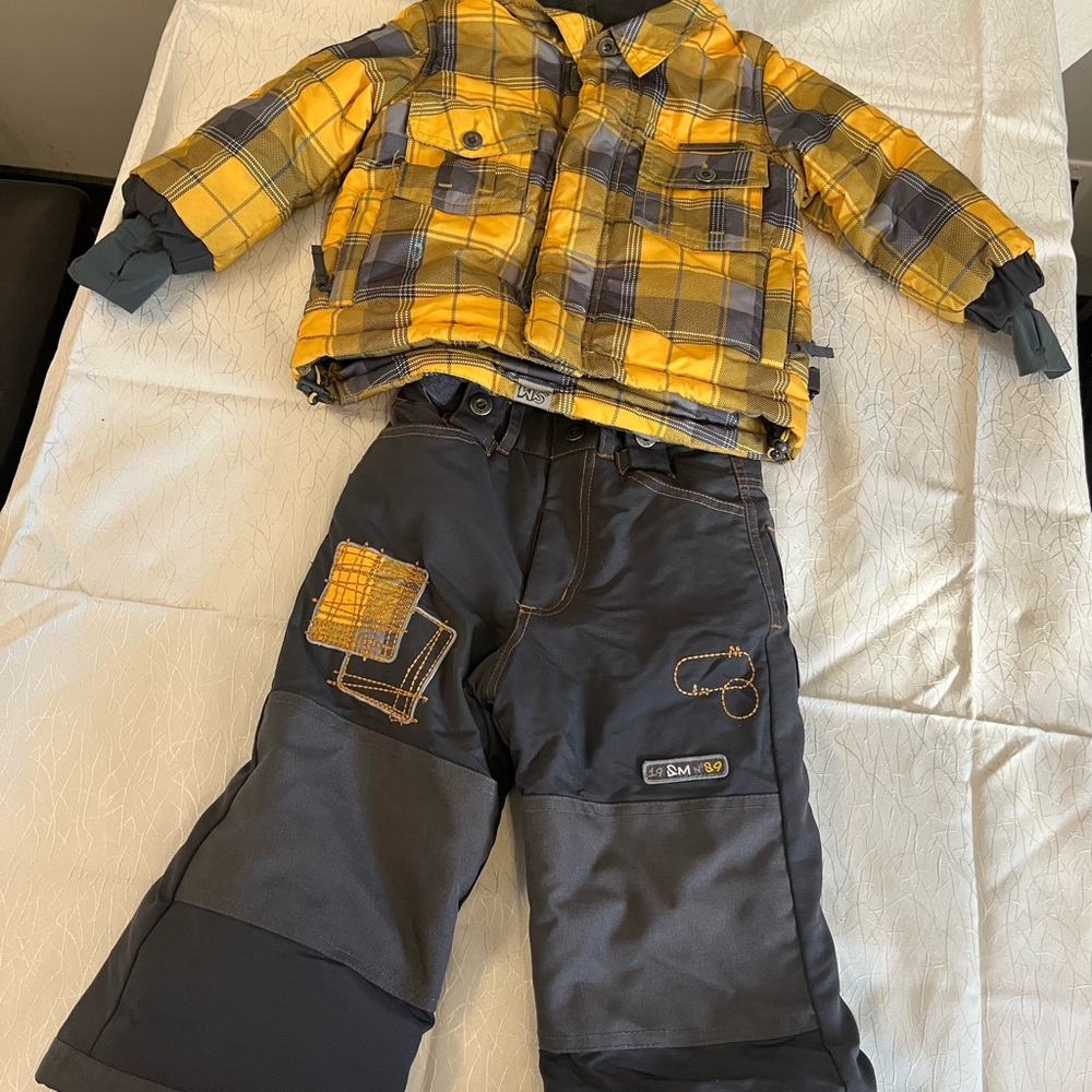 Vibrant Yellow Plaid Kids winter Coats Set with Gray exterior Pants